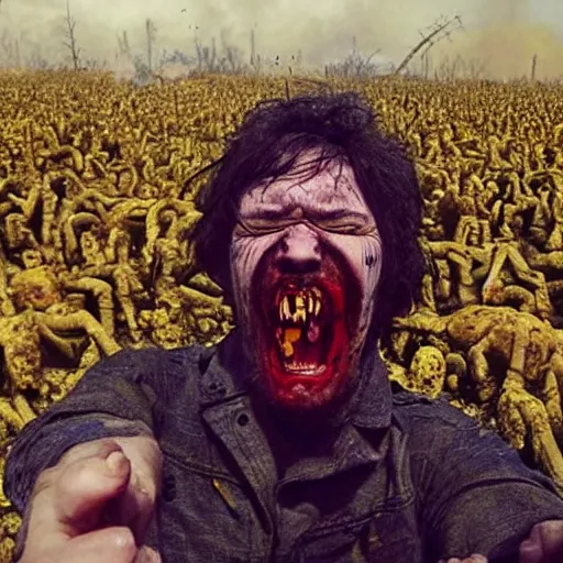 Image similar to selfie of a ukrainian screaming in pain and terrible injuries from a nuclear explosion, everything is on fire and radiation, in the background there are a lot of people like zombies, corpses and skeletons, a large nuclear explosion in the background, people are painted in yellow and blue, all dirty with severed limbs, doomsday