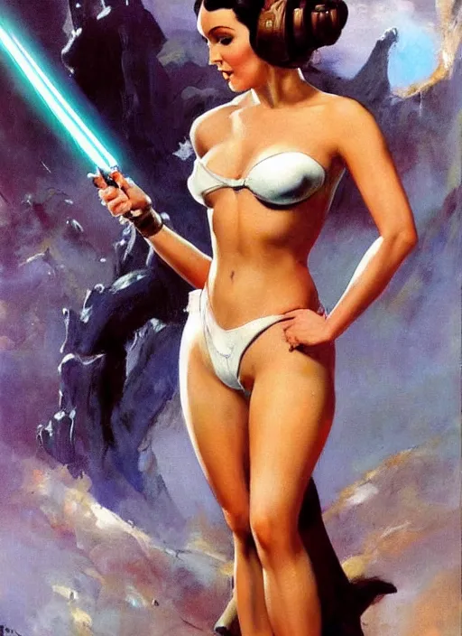 Prompt: oil painting of Princess Leia by frank frazetta alluring pin up deviant art star wars