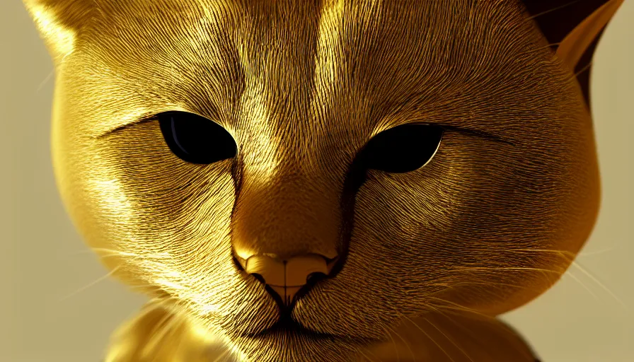 Prompt: Gold shiny cat with black eyes, volumetric light, hyperdetailed, artstation, cgsociety, 8k
