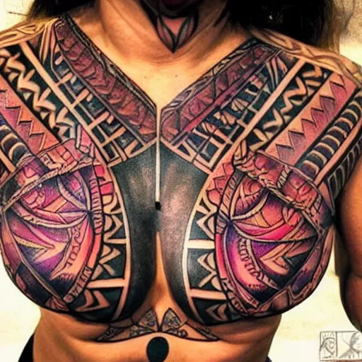 Prompt: tribal tattoo along female chest, epic, psychedelic, intricate detail
