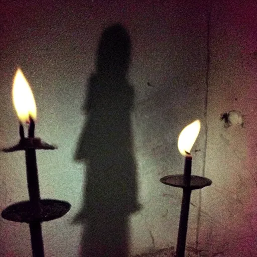 Prompt: insane nightmare, no light, everything is blurred, creepy shadows, candles, very poor quality of photography, 2 mpx quality, grainy picture