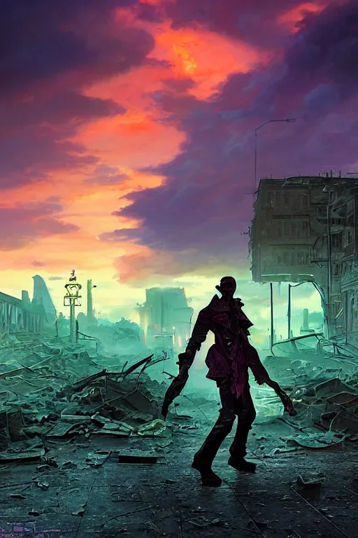 Image similar to ominous figure in the street of a destroyed city, fiery green rubble landscape, steampunk, thick heavy fog, sunset, golden hour, blue hour, colorful magenta and green dramatic cloud filled sky, by gerald brom, greg rutkowski, photo realism, unreal engine