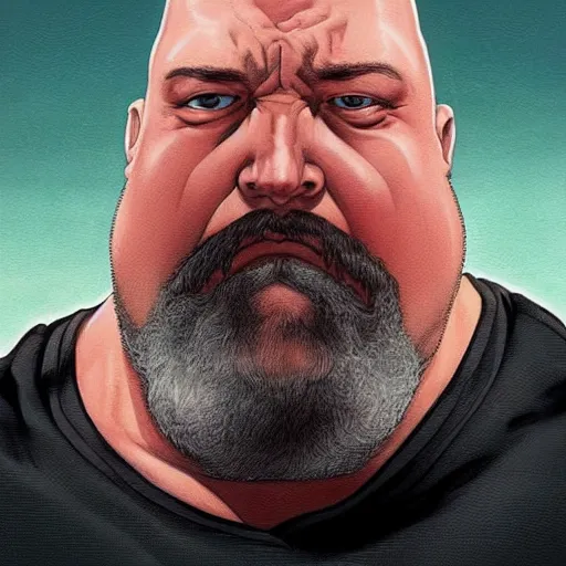 Image similar to chonky ethan van sciver with a bald head and grey trimmed beard with a pointy nose as a sea captain, beautiful artwork by artgerm and rutkowski, breathtaking, beautifully lit, dramatic, full view