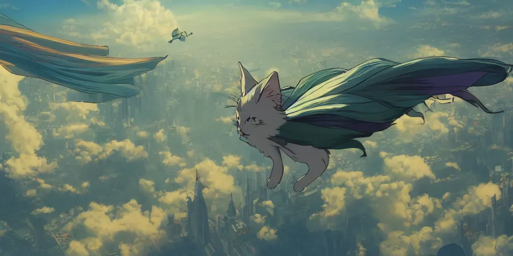 Image similar to a beautiful scene of a cat flying through the air over a sprawling city, concept art, studio ghibli, style of makoto shinkai and alphonse mucha, 4 k wallpaper