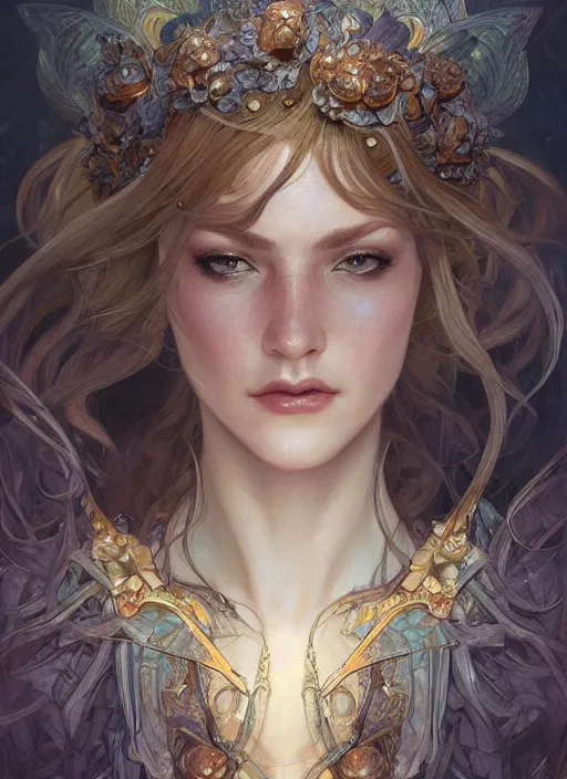 Image similar to up close portrait of a beautiful fae, d & d, face, fantasy, intricate, elegant, highly detailed, digital painting, artstation, concept art, smooth, sharp focus, illustration, art by artgerm and greg rutkowski and alphonse mucha