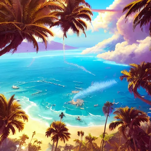 Image similar to a painting a breathtaking aerial view of Hawaiian islands with Pirates, surrounded by palm trees, clouds, flowers, volcano, azure ocean, sunlight glistening, glow, , a detailed matte painting by sylvain sarrailh, Stephan Martinière, by RHADS, Makoto Shinkai, bokeh, Artstation contest winner, fantasy art, concept art, #vfxfriday