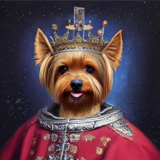 Prompt: “an oil painting portrait of a Yorky dog wearing medieval royal robe and an ornate crown on a dark nebula background” digital Art, concept Art, highly detailed, 3-D 4K, trending on art station, Award winning, Mark Brooks,