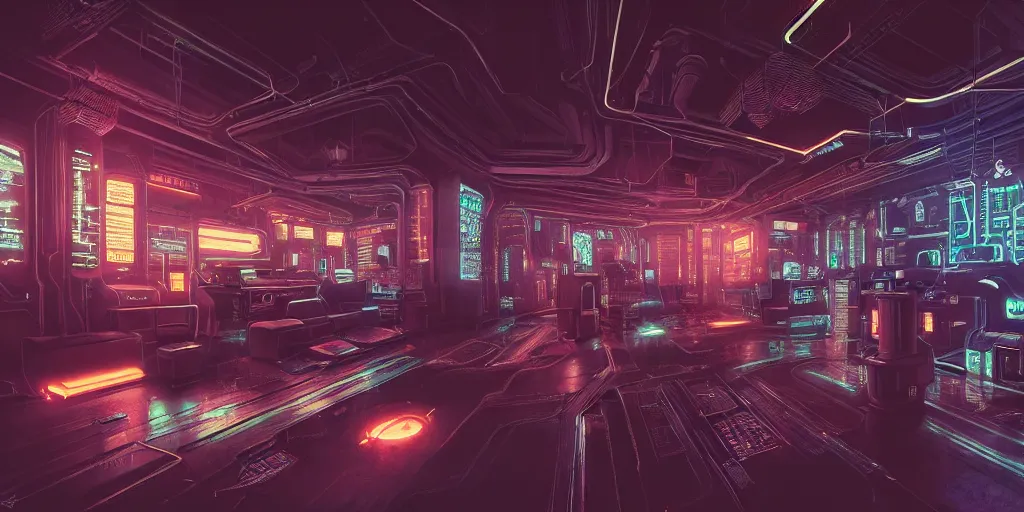 Prompt: ultra detailed photorealistic cyberpunk interior, sci fi, glossy, cybernetic robotic machines, wires, bar, retro futuristic decor, artstation, global illumination, intricate, modern, ultra realistic illustration, matte painting, high detailed, 4 k, hd, high quality