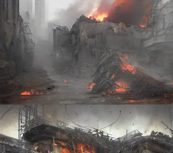 Image similar to A pile of CDJ2000NXS on fire. Post apocalyptic, ruins, rubble, gloomy. By Makoto Shinkai, Stanley Artgerm Lau, WLOP, Rossdraws, James Jean, Andrei Riabovitchev, Marc Simonetti, krenz cushart, Sakimichan, trending on ArtStation, digital art.