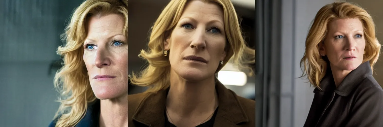 Prompt: close-up of Anna Gunn as a detective in a movie directed by Christopher Nolan, movie still frame, promotional image, imax 70 mm footage
