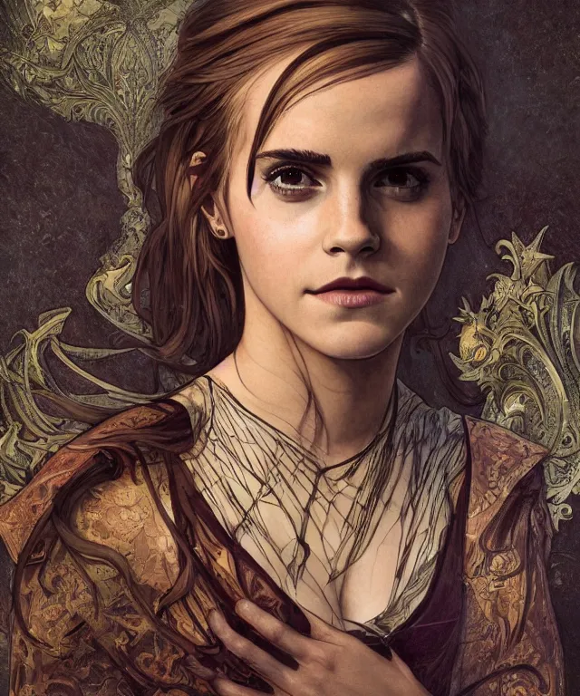 Image similar to Emma Watson as Lucifer morningstar, highly detailed, digital painting, artstation, concept art, smooth, sharp focus, illustration, ArtStation, art by artgerm and greg rutkowski and alphonse mucha and J. C. Leyendecker and Edmund Blair Leighton and Katsuhiro Otomo and Geof Darrow and Phil hale and Ashley wood and Ilya repin and Charlie Bowater