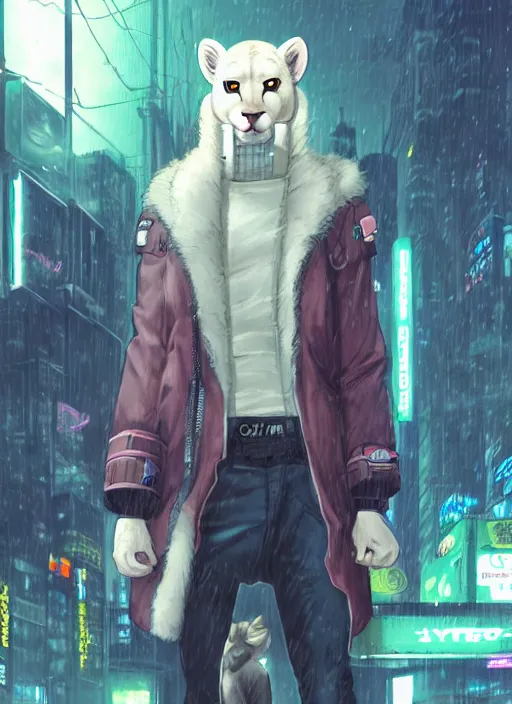 Image similar to character portrait of a male anthro albino mountain lion fursona with a tail and a cute beautiful attractive furry face wearing stylish cyberpunk clothes in a cyberpunk city at night while it rains. hidari, color page, tankoban, 4K, tone mapping, Akihiko Yoshida.