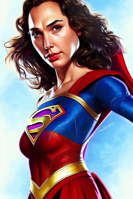 Prompt: gal gadot as supergirl, portrait,, highly detailed, digital painting, artstation, concept art, smooth, sharp focus, illustration, cinematic lighting, art by artgerm, alphonse mucha