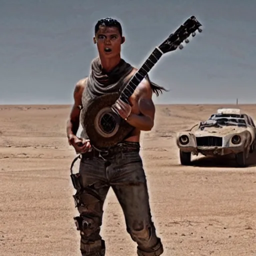 Prompt: cristiano ronaldo playing the guitar in mad max fury road ( 2 0 1 5 ), movie still,