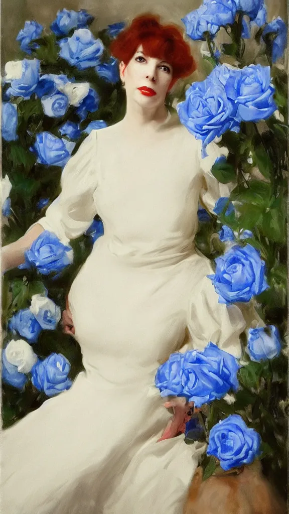 Prompt: portrait of julee cruise in white balloon sleeve dress detailed curtain beside a pot of blue roses, a detailed persian painted by john singer sargent