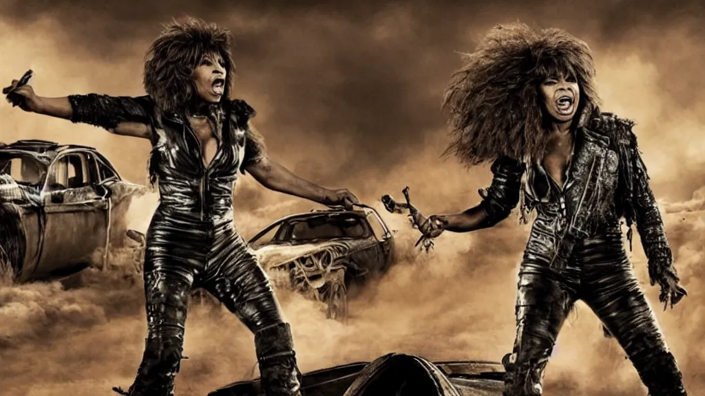 Prompt: tina turner in mad max with dirty ( hyperdetailed face ) riding a cyberpunk steam train, dystopian landscape, rail waggons, cyberpunk, hyperdetailed, 8 k, black smoke, oscar movie shot, cinematic