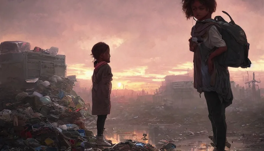 Image similar to poor detailed child with backpack standing at cars looking for food at garbage dump, destroyed cars, city is pure wasteland, moody sunset in background, greg rutkowski, alphonse mucha, trending on artstation, artgerm, unreal engine, breathtaking, award winning, highly detailed