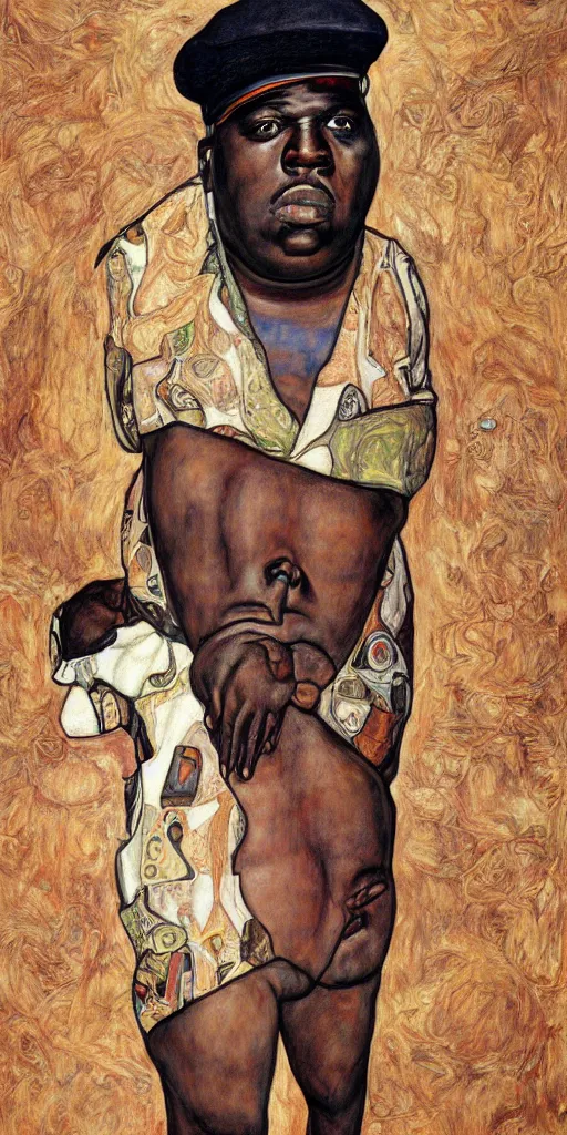 Image similar to a full body portrait of biggie smalls in style of egon schiele, herakut and gustav klimt, masterpiece, hyperdetailed, complex, intricate, 4 k, trending on artstation