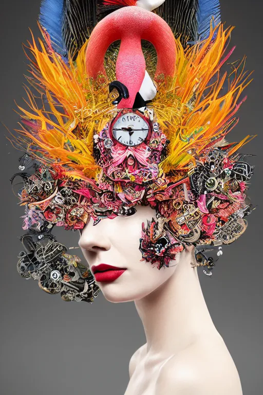 Prompt: woman with a strange headpiece, alexander mcqueen flamingo baroque, panfuturism, made of clocks, made of flowers, made of long feathers, hybrid, extravagant, retro futuristic, bold natural colors, masterpiece, trending on artstation, photography