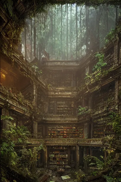 Prompt: a ( ( decaying magical library ) ) with a rainforest growing inside, highly detailed, intricate detail, realistic shaded lighting, dramatic scenery, beautiful 3 d rendering, octane render, trending on artstation, by greg rutkowski and simon stalenhag