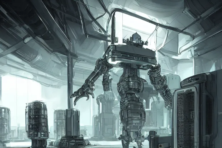 Image similar to parallax datacenter server room interior single mono colossus white rusty android guest robosaurus artstation cinematic detailed concept art sharp coherent cgsociety symmetric perfect well balanced shadows lotr swithes