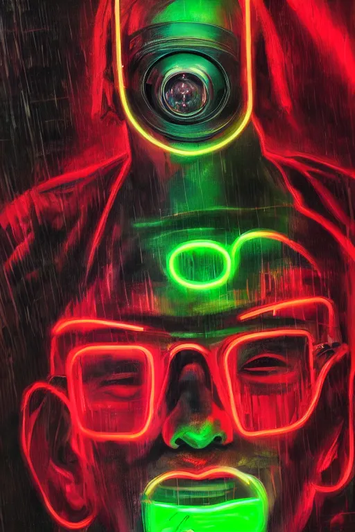 Image similar to detailed portrait of a cyberpunk male with face augmentations, strong neon lighting, raining, mysterious, mirror shades, by glenn fabry, hyper realistic, HD, oil on canvas