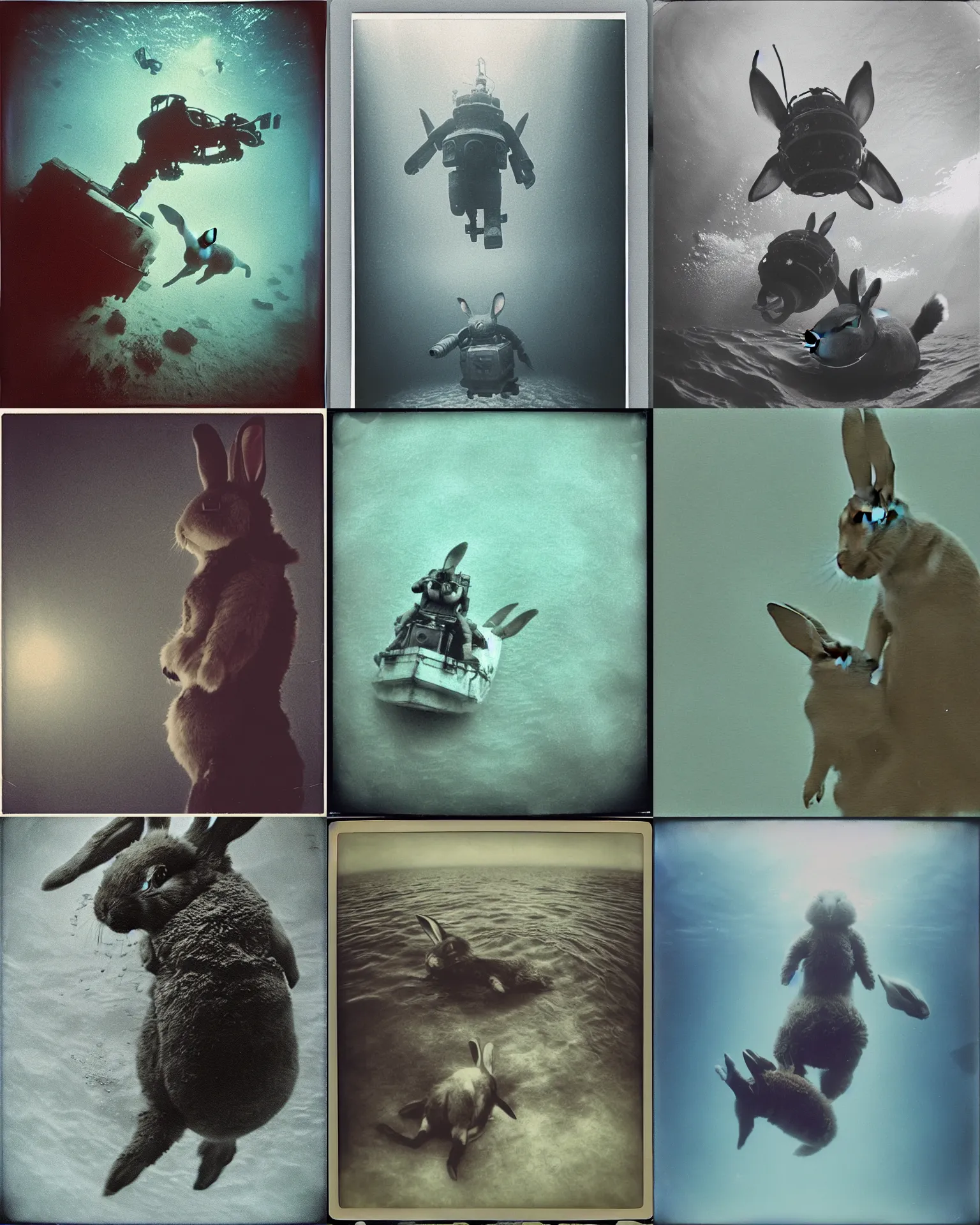 Prompt: deep underwater giant oversized battle rabbit robot mech as giant rabbit baby. titanic wreck underwater!. Cinematic focus, sharp Polaroid photo, vintage, neutral colors, soft lights, by Serov Valentin, by lisa yuskavage, by Andrei Tarkovsky