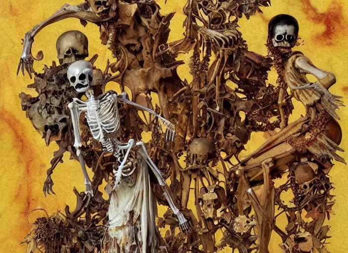 Image similar to skeleton fairy and tooth fairy and bone fairy collect the skulls together painting carved in amber by chiara bautista and norman rockwell and greg rutkowski weta studio