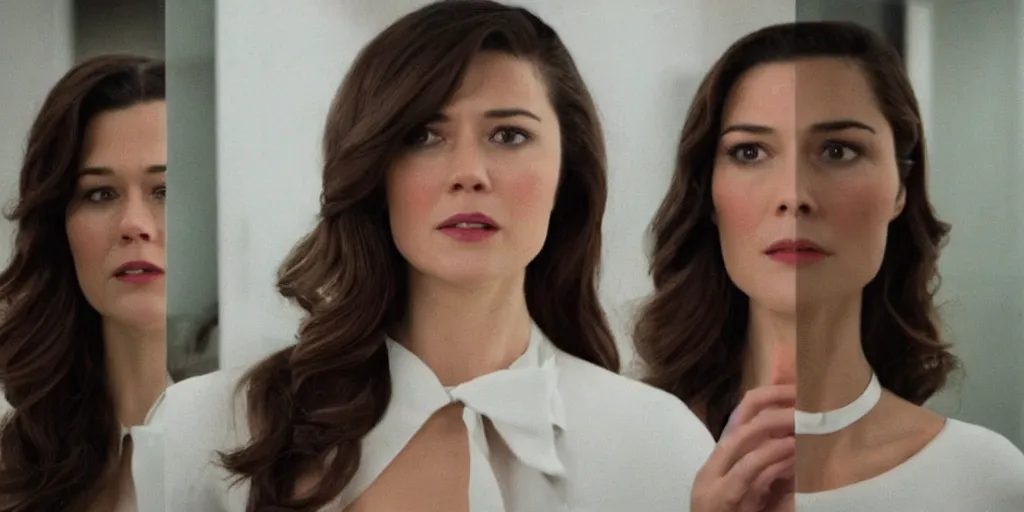 Prompt: ultra wide angle photo of mary elizabeth winstead dressed in a white blouse and black dress pants as diana prince looking at herself in a bathroom mirror and seeing her reflection as wonder woman