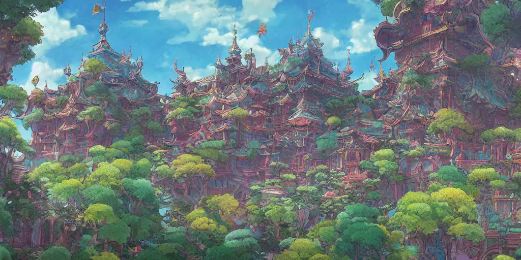 Image similar to beautifully detailed painting of a dreamy psychedelic Palace by studio ghibli , moebius, FFXIV environment design