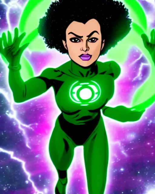 Prompt: photos of a real life soranik natu soaring thru outer space as a Green Lantern beautiful, photogenic, purple skin, short black pixie like hair, photorealistic, cinematic