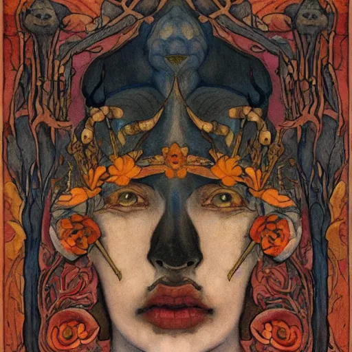 Image similar to the bone crown, by Annie Swynnerton and Nicholas Roerich and (((Diego Rivera))) and (((Edmund Dulac))), bioluminescent skin, floral tattoos, goth, elaborate costume, geometric ornament, symbolist, rich colors, dramatic lighting, smooth, sharp focus, extremely detailed