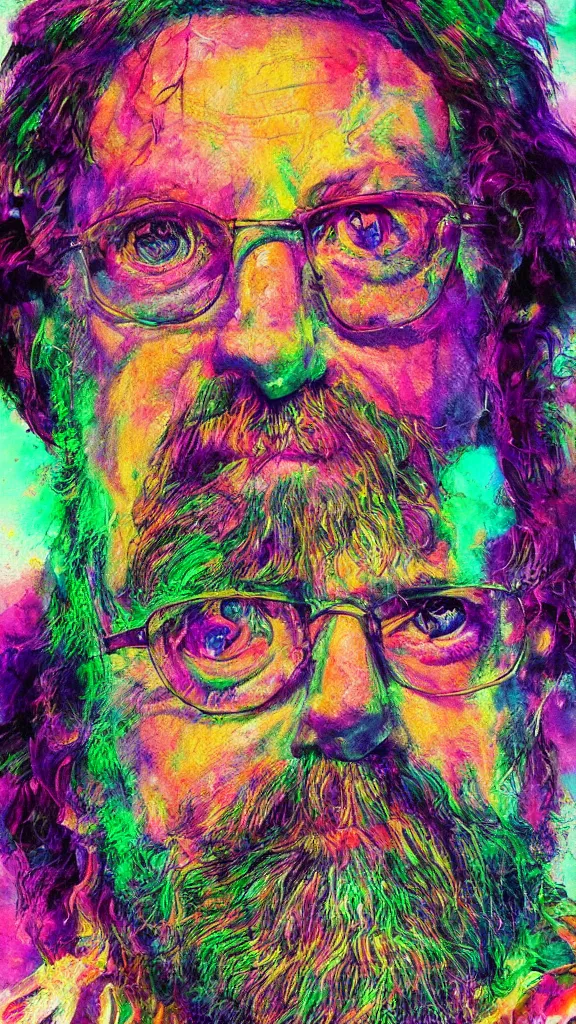 Image similar to photoreal terrance mckenna protrait, vivid psychadelic colorful