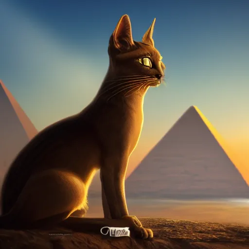 Image similar to egyptian cat, golden hour, fantasy, sharp focus, digital art, hyper realistic, 4 k, unreal engine, highly detailed, hd, dramatic lighting by brom, trending on artstation