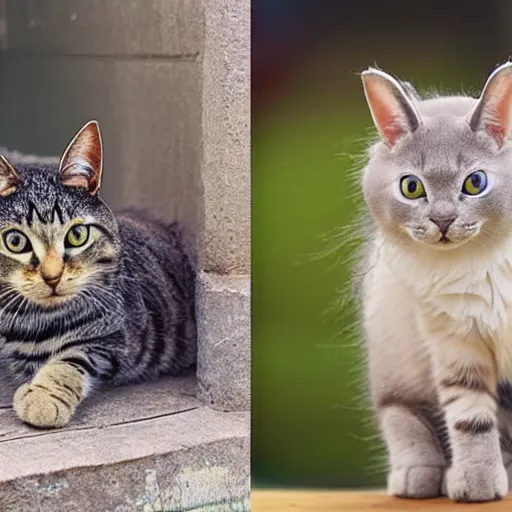 Image similar to cat morphed with bunny, hybrid animal, bunny features and cat features, picture taken in zoo