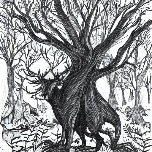 Prompt: forest illustration, full body, dark fantasy, black ink on white paper, sketched 4k