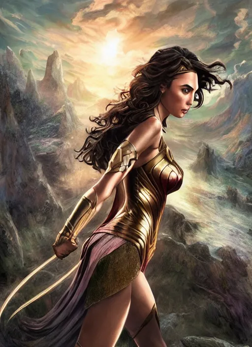 Image similar to Gal Gadot as Hell Lord, full body shot, epic, fantasy, intricate, elegant, volumetric lighting, highly detailed, digital painting, 4k, HDR, concept art, smooth, sharp focus, illustration, art by artgerm and alex ross and alphonse mucha and Adam Hughes