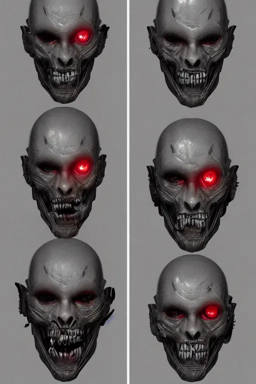 Image similar to cyborg zombie king with gunmetal grey skin, medical anatomy, very symmetrical face, highly detailed, mecha, three - perspective / three - view reference sheet ( front / back / side ), in the style of james gurney, dan ouellette, hr giger, sil from species, dren from splice, biomechanical, artstation, unreal engine