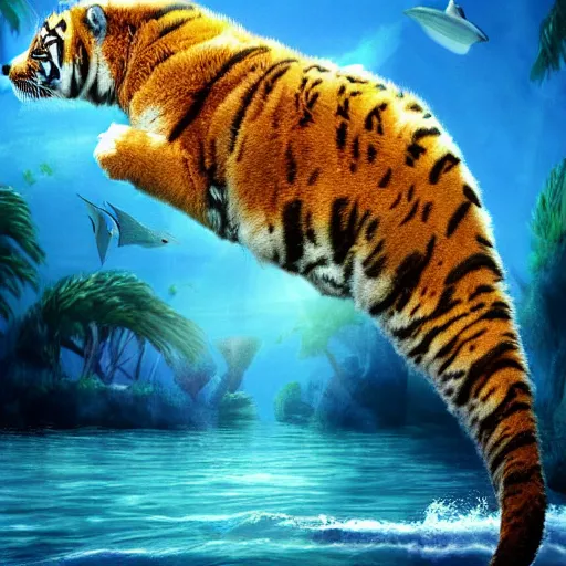 Image similar to a fuzzy dolphin with tiger stripes, matte fantasy painting,