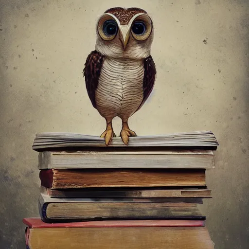 Prompt: long shot of a very cute plushy owl with closed eyes sitting on a pile of antique books, by esao andrews, by james jean, humorous illustration, hyperrealistic, big depth of field, fresh colors, dim light, 3 d octane render conceptart, 4 k, hyperdetailed, trending on artstation