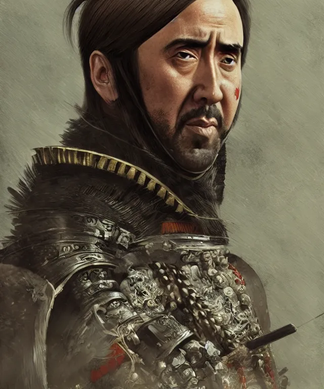 Image similar to Portrait of Nicolas Cage as a samurai from the warring states era Japan, highly detailed, digital painting, artstation, concept art, smooth, sharp focus, illustration by Artgerm and Greg Rutkowski and Tom Bagshaw