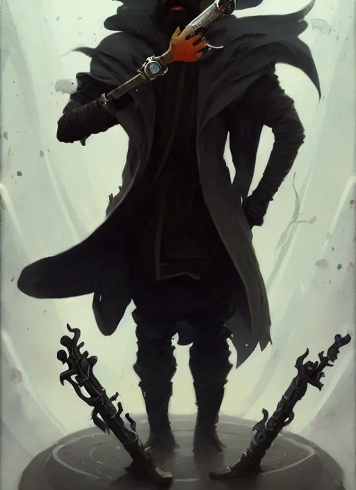 Prompt: full body picture of an legendary weapon master, holding a ego weapons to the camera, long black jacket, neat white beard, bored, smoking, messy ground by so many ego weapons, smoking, intricate, masterpiece, epic fantasy illustrations by peter mohrbacher and anato finnstark and jeremy lipking