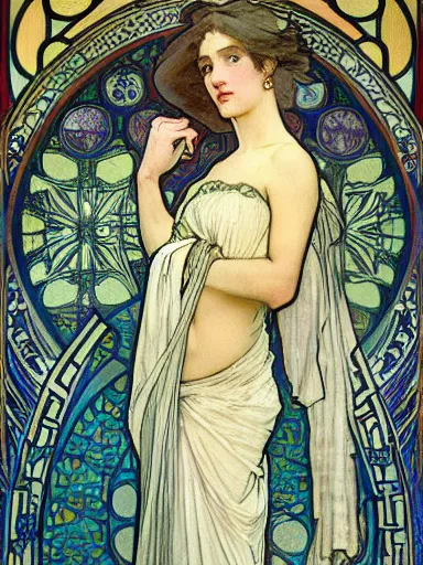 Image similar to a beautiful painting of a lady by Alphonse Mucha and by Mark Brooks and by john william waterhouse and by arthur rackham, Art Nouveau, Neo-Gothic, gothic, award winning painting, hyperdetailed, detailed
