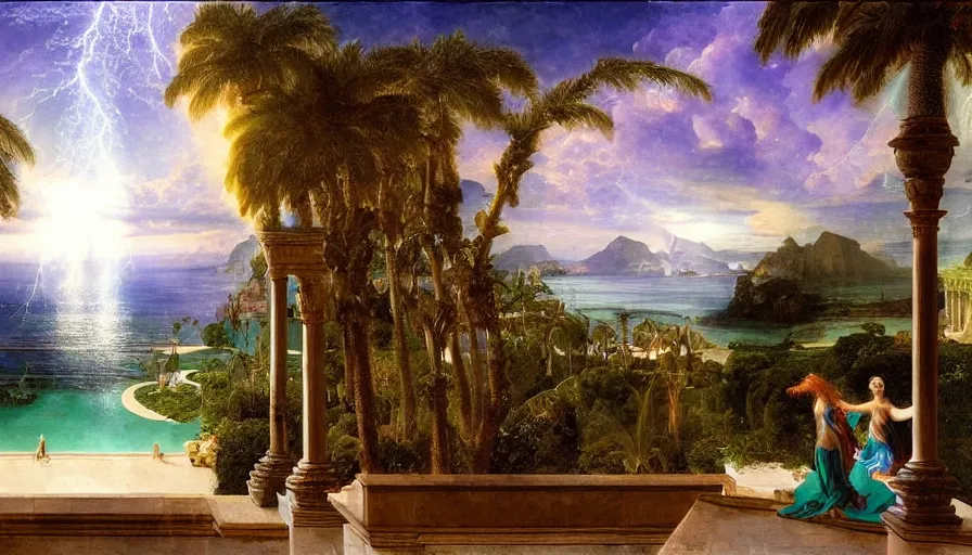 Image similar to Inside the Palace of the occult, mediterranean balustrade and columns, refracted sparkles, thunderstorm, greek pool, beach and Tropical vegetation on the background major arcana sky and occult symbols, by paul delaroche, hyperrealistic 4k uhd, award-winning, very detailed paradise