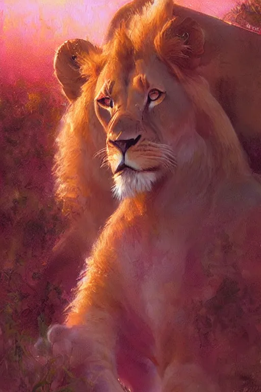 Prompt: spiritual twin flame lioness and lion art, pink sunset hue, highly detailed, oil painting hue, by craig mullins