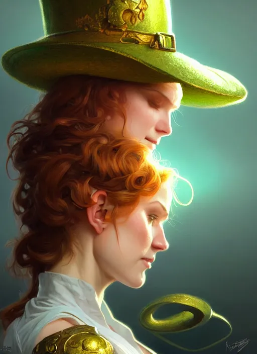 Image similar to portrait of leprechaun, intricate, elegant, highly detailed, digital painting, artstation, concept art, smooth, sharp focus, illustration, art by artgerm and greg rutkowski and alphonse mucha, 8 k