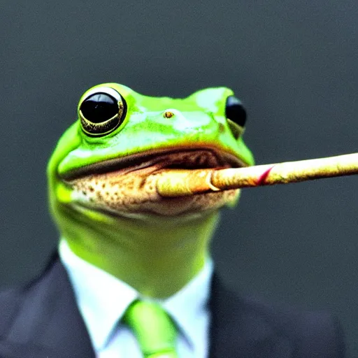 Image similar to a high detail closeup shot of a frog wearing a suit 👔,and smoking a cigarrette🚬