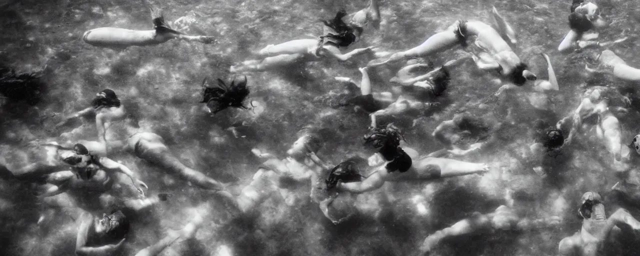 Prompt: an ultra wide in colour 3 5 mm film photo of gathering of half alien half human half mermaid hybrids, hunting underwater in a public swimming pool, liminal spaces, ritual occult gathering, film grain