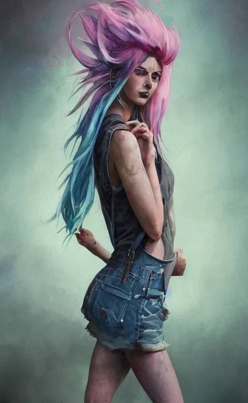 Prompt: a grungy woman with rainbow hair, drunk, angry, soft eyes and narrow chin, dainty figure, long hair straight down, torn overalls, basic white background, side boob, symmetrical, single person, style of by Jordan Grimmer and greg rutkowski, crisp lines and color,