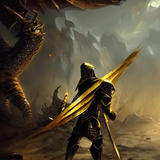 Prompt: anthropomorphic knight warrior wearing black and gold plate armor fighting a cyberdragon, oil painting, Tooth Wu, Greg Rutkowski, RPG, dynamic lighting, fantasy art, High contrast, depth of field, landscape, scenery